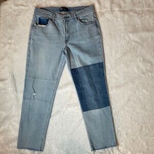 Gap Girlfriend Patchwork Jeans Light Wash Distressed‎ Raw Hem Size 10/30 Blue